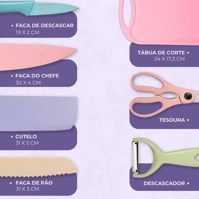 Conjunto de Facas 7 Peças Aço Inoxidável Coloridas